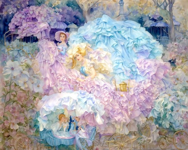 Whimsical Scene of Elegantly Dressed Women and Carriages