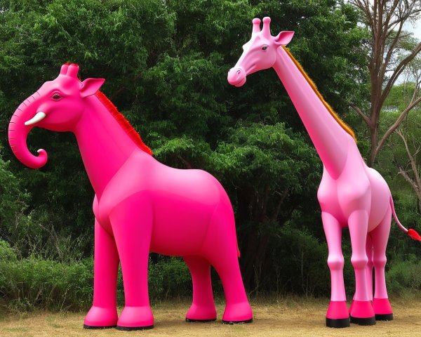 Whimsical Pink Elephant and Giraffe Sculptures in Greenery