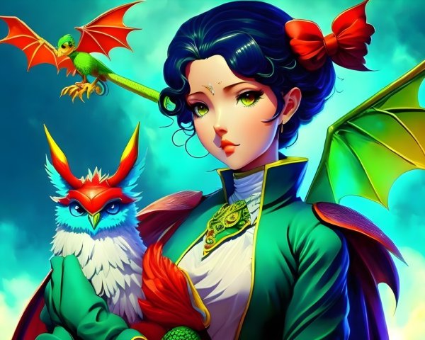 Fantasy Scene with Young Woman and Magical Creatures
