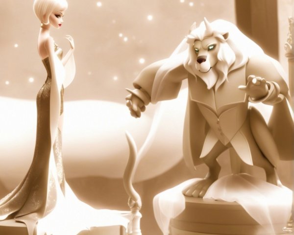 Dreamlike Scene with Figure and Majestic Lion Statue