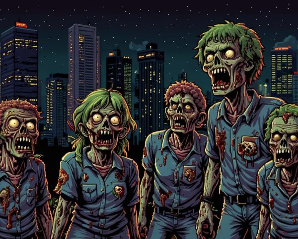 Grotesque Zombies in Nighttime Cityscape Setting