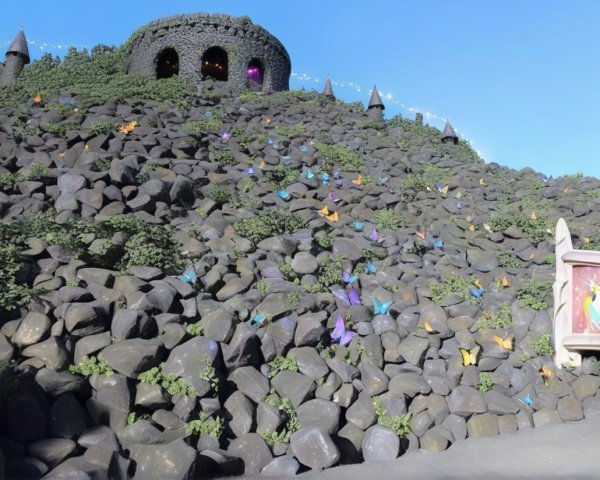 Whimsical Hillside with Butterflies and Castle Scene