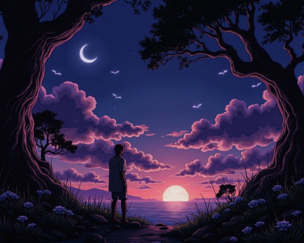 Twilight Scene with Figure by Water and Sunset Colors