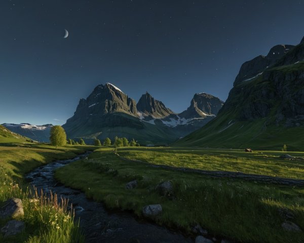 Serene Night Landscape with Mountains and Stream