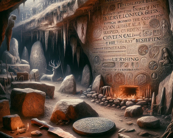 Mystical cave with ancient inscriptions and artifacts