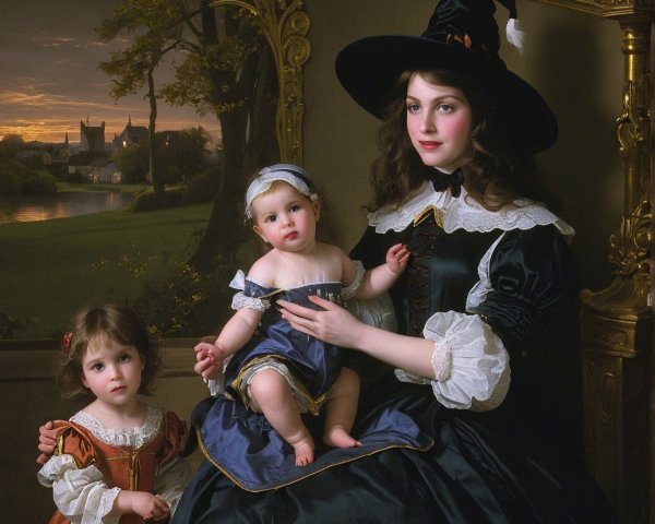 Woman in Black Dress with Baby and Girl at Twilight
