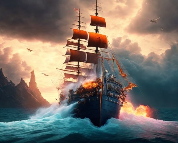 Majestic ship with orange sails in stormy waters