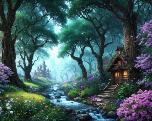 Serene Fantasy Landscape with Stream and Cottage