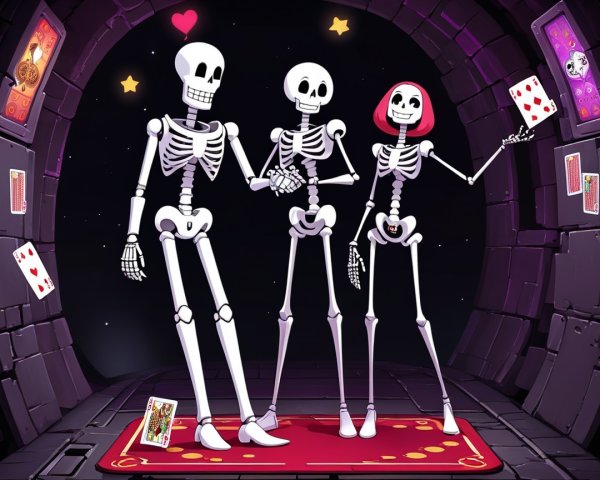 Cartoon Skeletons in a Dimly Lit Chamber Scene