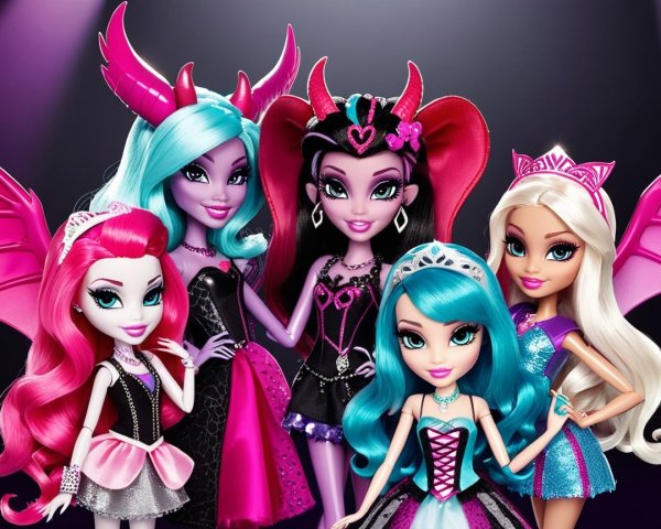 Stylized dolls with vibrant hairstyles and costumes