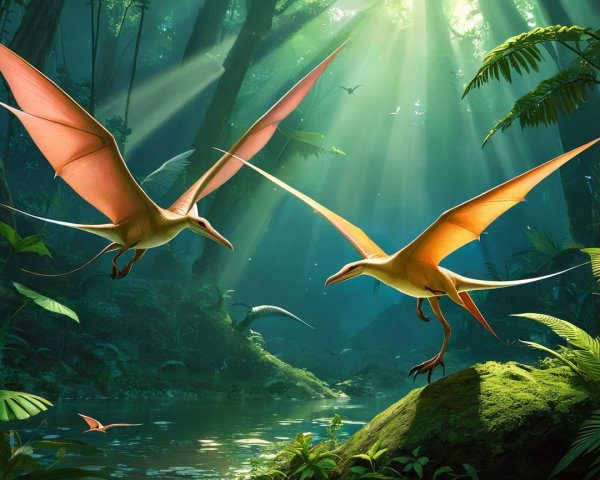 Pterosaurs Soaring Over a Prehistoric Jungle Pond