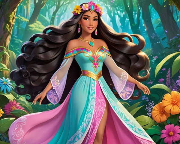Young woman in colorful gown in vibrant forest