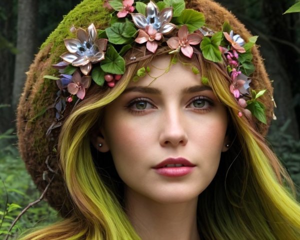 Serene woman with green hair in a forest setting