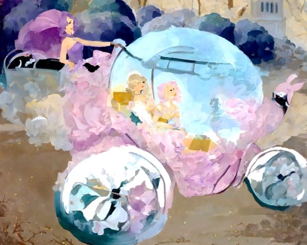 Whimsical Dreamy Scene with Glass Carriage and Clouds