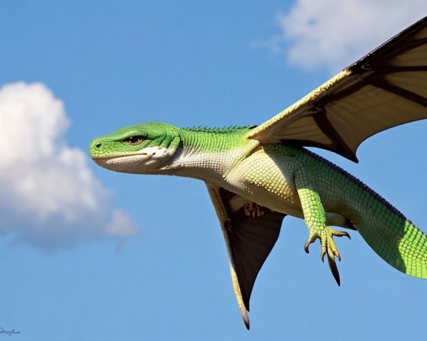 Green Dragon-Like Lizard Soaring in Blue Sky