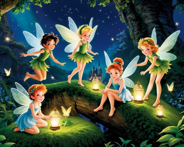 Cheerful Fairies in a Magical Nighttime Forest Scene