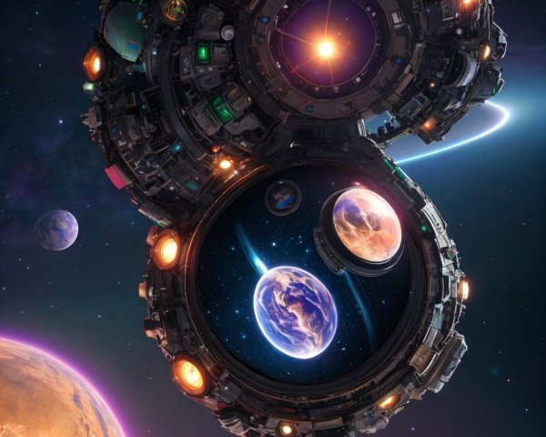 Futuristic spacecraft with planets and starry background