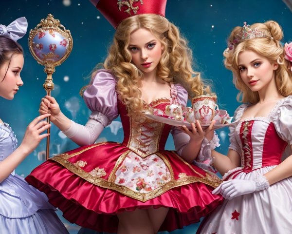 Elegant Young Women in Whimsical Tea Party Setting
