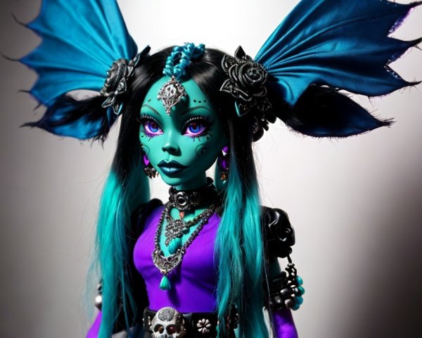 Artistic doll with teal hair and bat-like wings