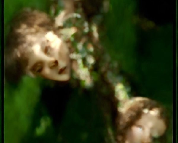 Ethereal Blurred Faces Among Lush Green Foliage