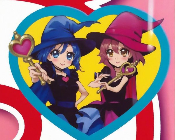Cheerful anime characters in magical attire within a heart frame