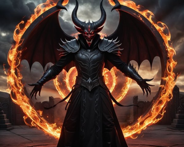 Menacing Figure in Dark Armor with Fiery Wings