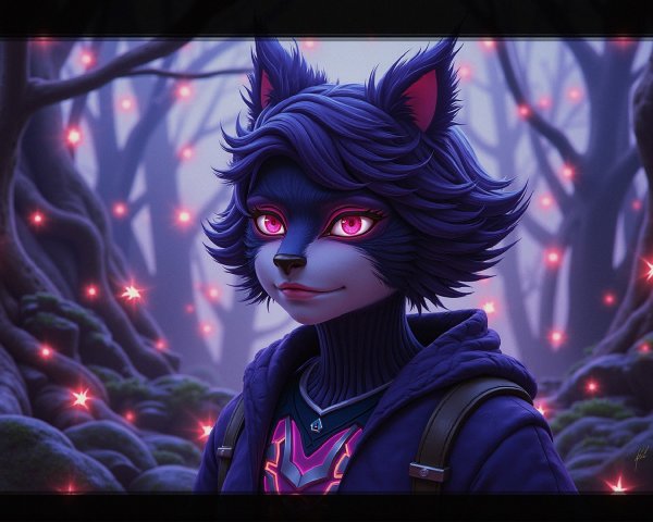 Feline Character in Mystical Twilight Forest Setting
