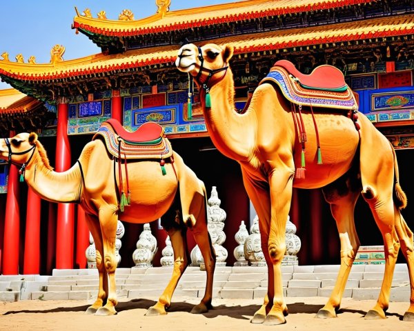Camels in front of a vibrant, ornate building