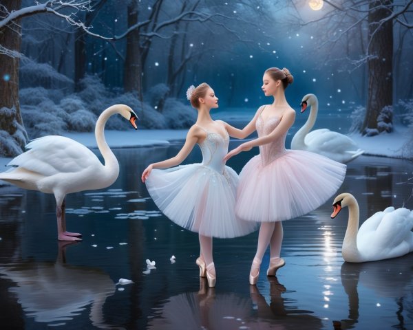 Ballerinas Dance by a Snowy Pond with Swans
