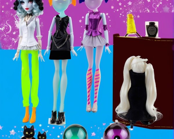Three Colorful Dolls with Unique Styles and Accessories