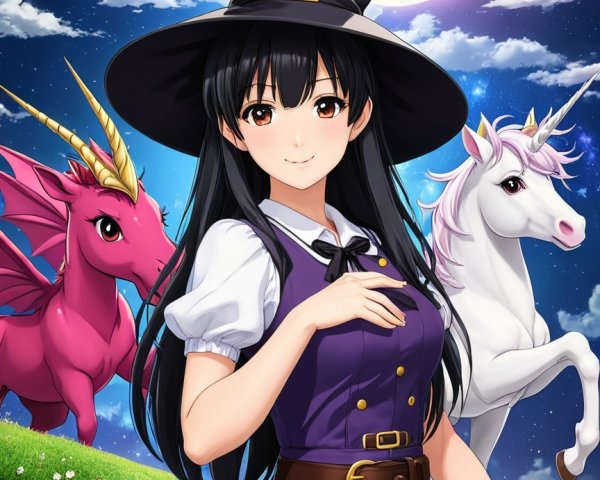 Cheerful young witch in vibrant landscape with creatures