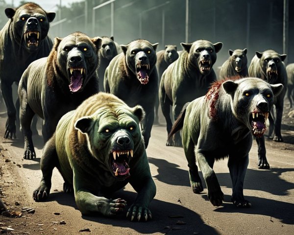 Monstrous creatures resembling hyenas and bears on road