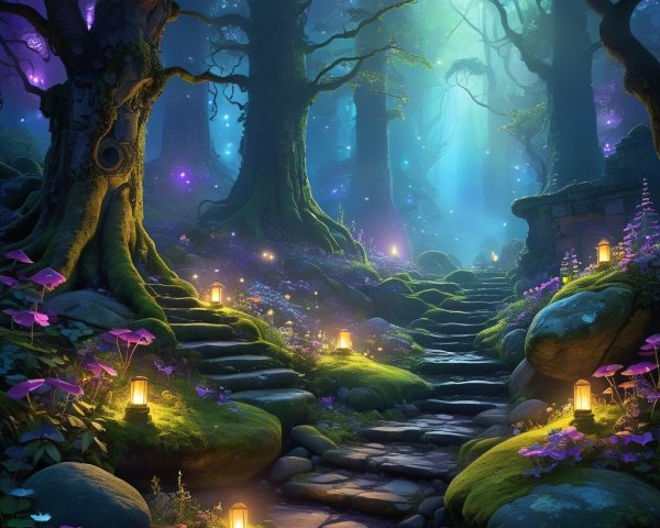 Magical Forest Scene with Ethereal Light and Haze