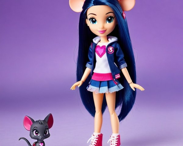Whimsical Doll with Blue Hair and Cat Figure