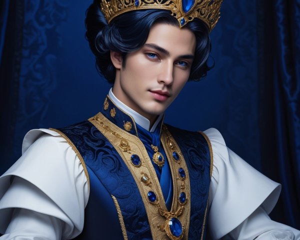 Regal young man in royal outfit with crown and gemstones