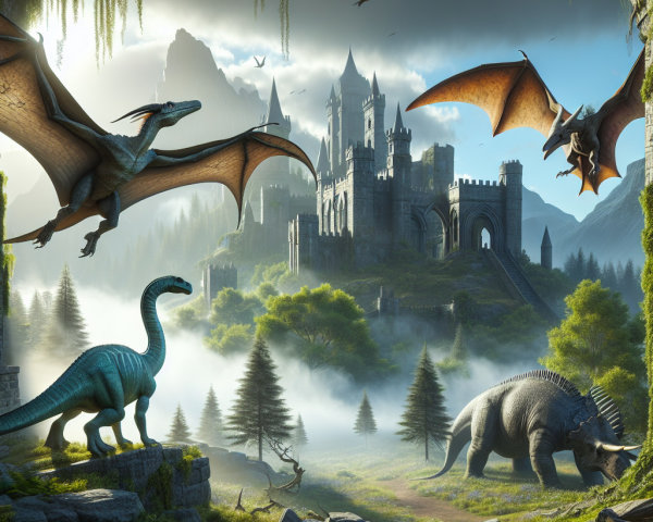 Fantastical Landscape with Castle and Dinosaurs