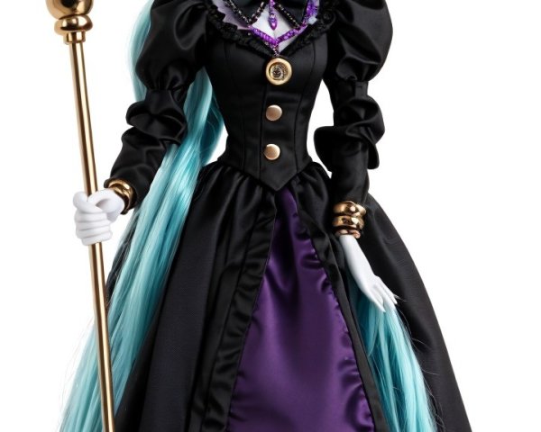 Fantasy Doll in Black Gown with Turquoise Hair