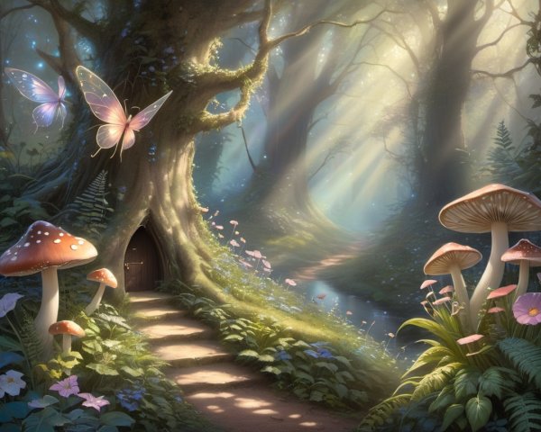 Magical Forest Scene with Ethereal Light and Butterflies