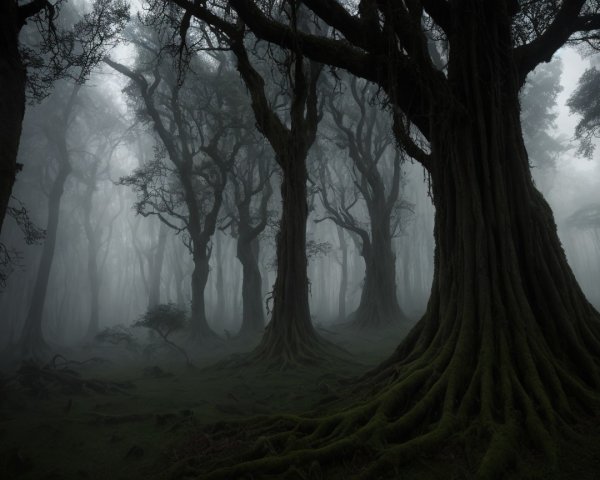 Mysterious Fog-Laden Forest with Ancient Trees