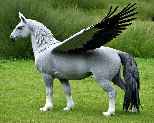 Fantastical Winged Creature in Grassy Landscape
