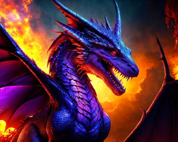 Majestic dragon surrounded by flames and smoke