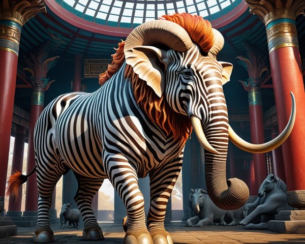 Ornate Hall with Striped Elephant and Sculpted Animals