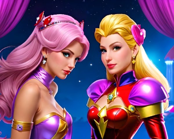 Glamorous Characters with Vibrant Hair in Night Sky