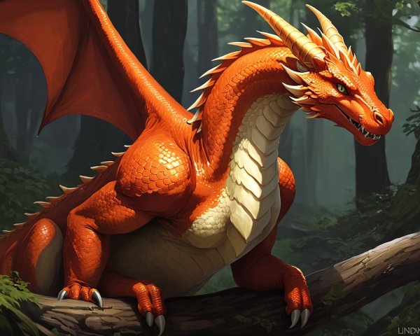 Majestic Orange Dragon in a Mystical Forest Setting