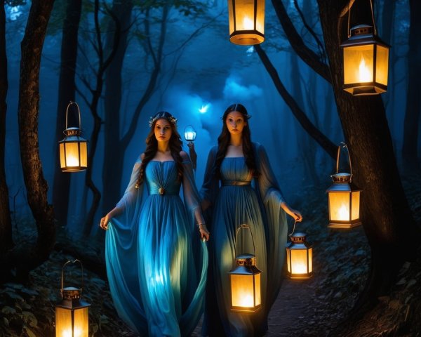 Ethereal Figures in Blue Gowns in Mystical Forest