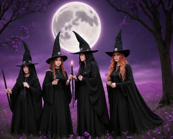Witches in Black Robes Under a Full Moon Landscape