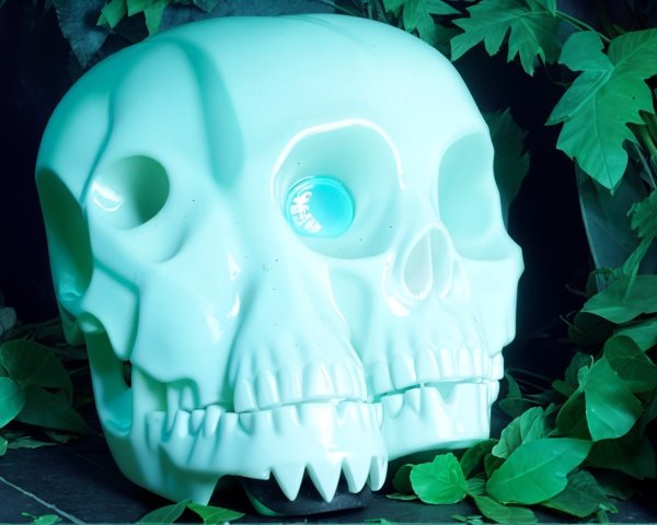 Luminescent Skull Surrounded by Lush Green Leaves