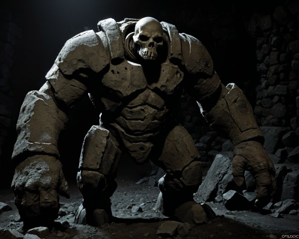 Massive Stone Golem in Dimly Lit Underground Cavern