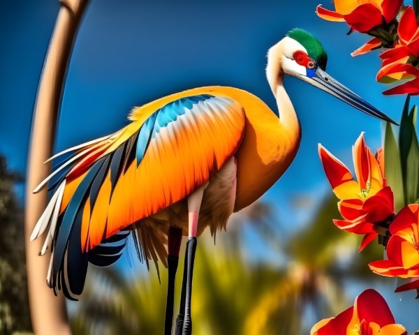 Vibrantly Colored Bird Among Vivid Flowers and Greenery