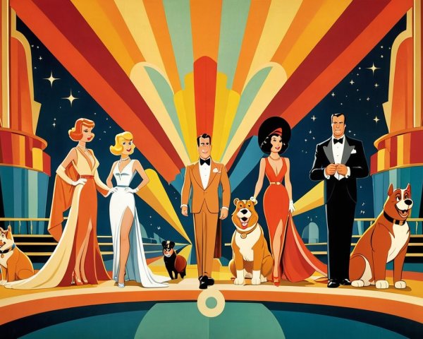 Retro-Inspired Scene with Stylish Characters and Dogs